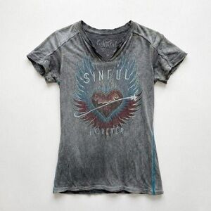 Y2k Sinful Affliction Gray Graphic Tee Shirt Grunge Rockstar Gf Scene Small